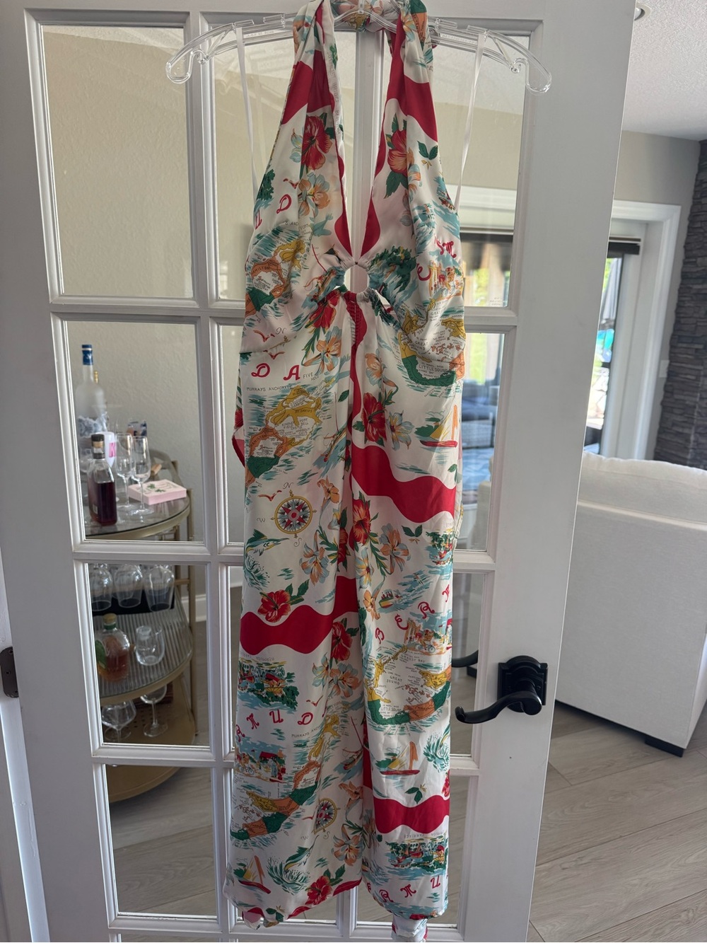 Anthropologie Cream Halter dress with Red and Green tropical Print